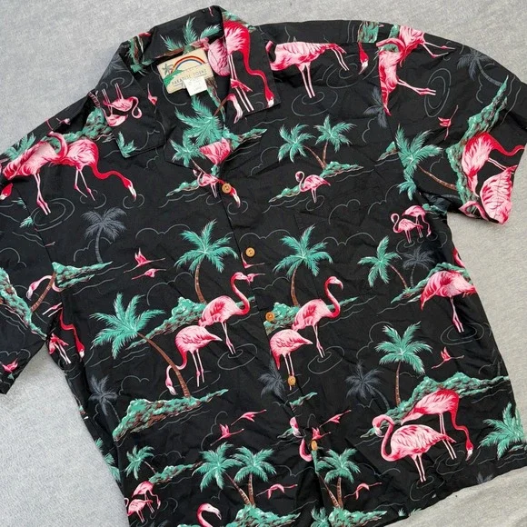 VTG Paradise Found Hawaiian Shirt Mens Large Black Flamingos Palm Trees Camp - Picture 1 of 7
